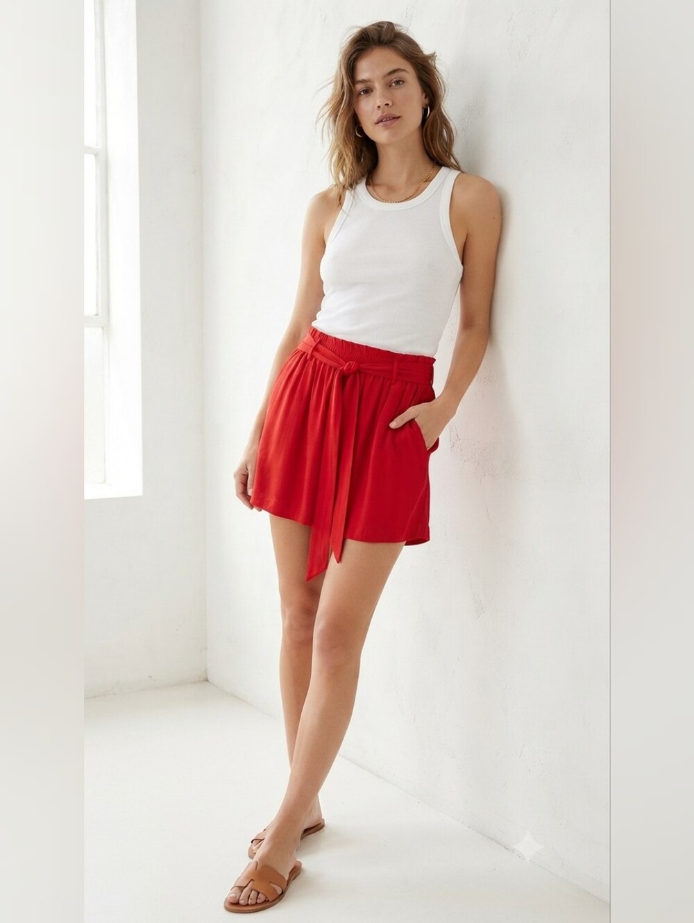 Aritzia Wilfred Red High-Rise Tie-Belt Pull-On viscose Shorts Size Small